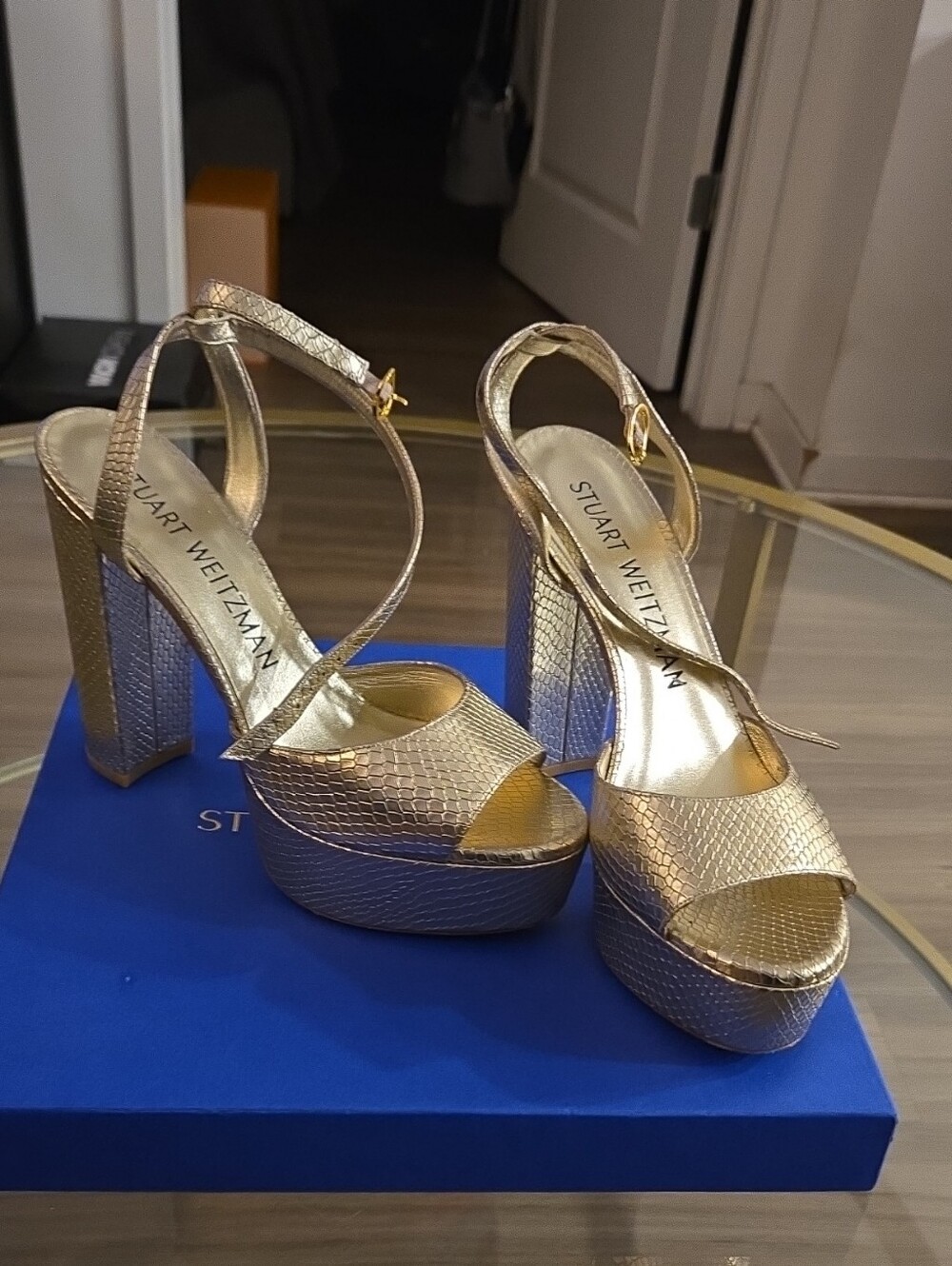 Stuart Weitzman Metallic Gold Snake-Embossed Platform Heels